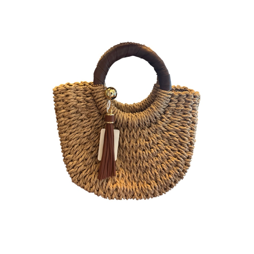 🌴 Woven Straw Crescent Tote Bag Tassel Accent Tan Brown Summer Beach Handbag